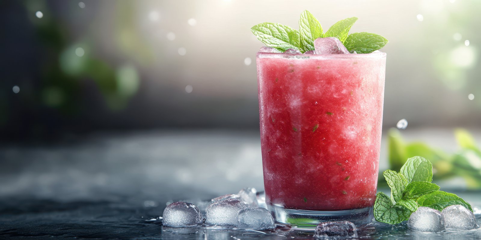 Refreshing berry mint drink garnished with fresh mint leaves and ice on a textured surface